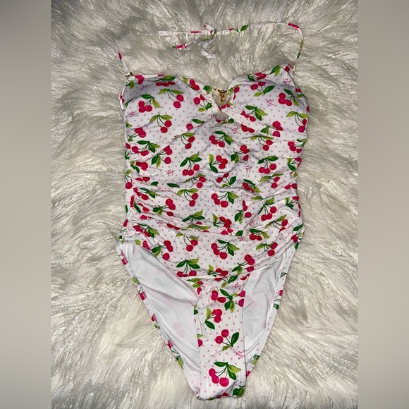 Betsey Johnson White Cherry-Print Ruched Bikini-Style Swimsuit set